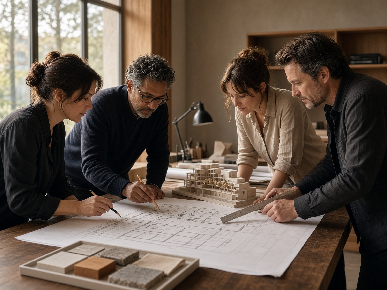 Architects reviewing a drawing around the studio table